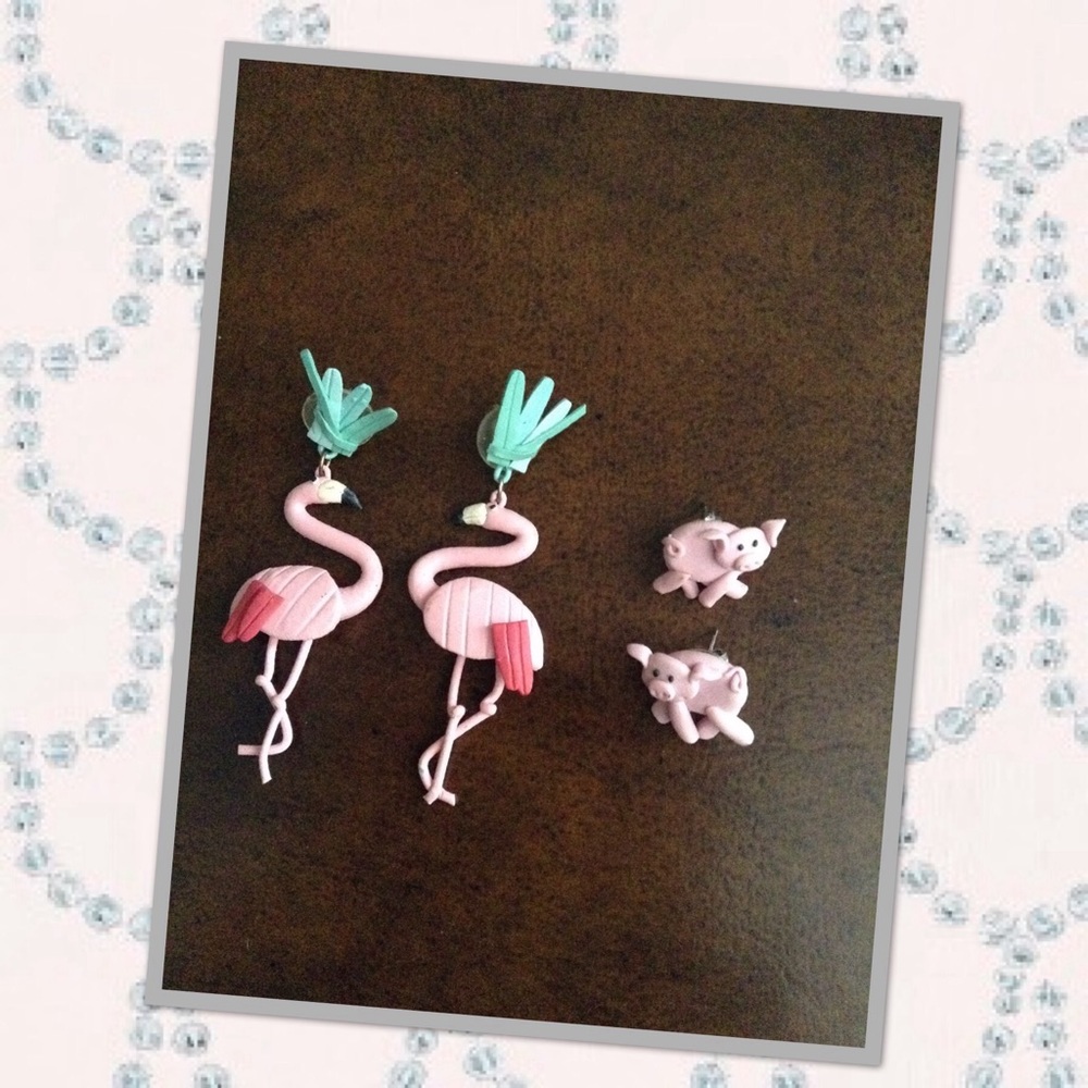 Vintage Flamingo & Pig Pierced Earrings